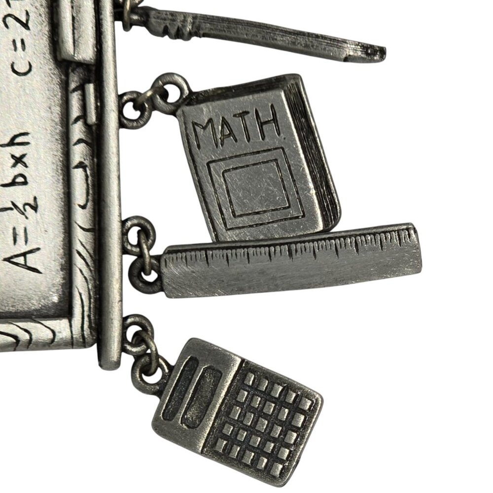 Vintage Teacher Math Brooch Pewter Dangle Charms Book Ruler Calculator - Picture 2 of 9